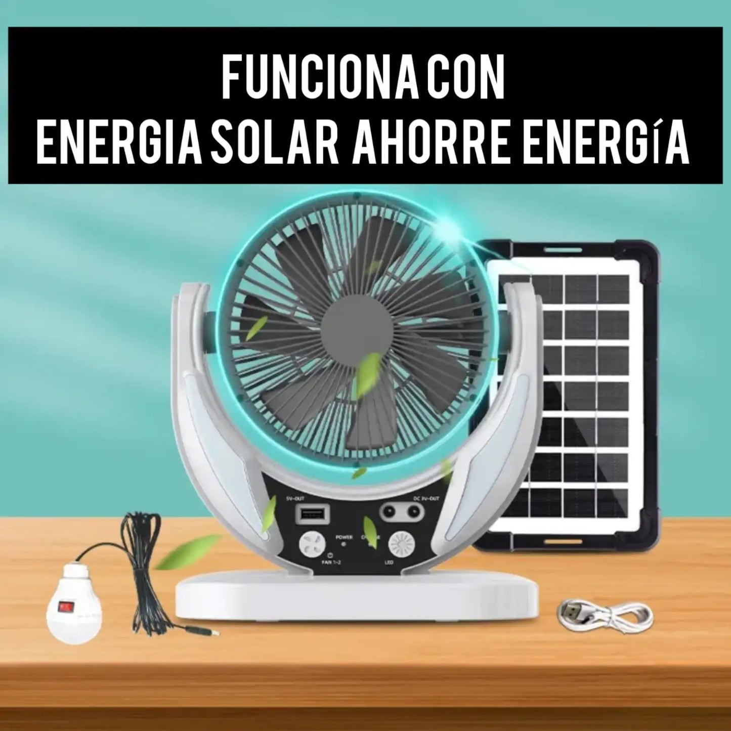 VENTILADOR PORTATIL CON PANEL SOLAR Y LUZ LED + BOMBILLO DE OBSEQUIO